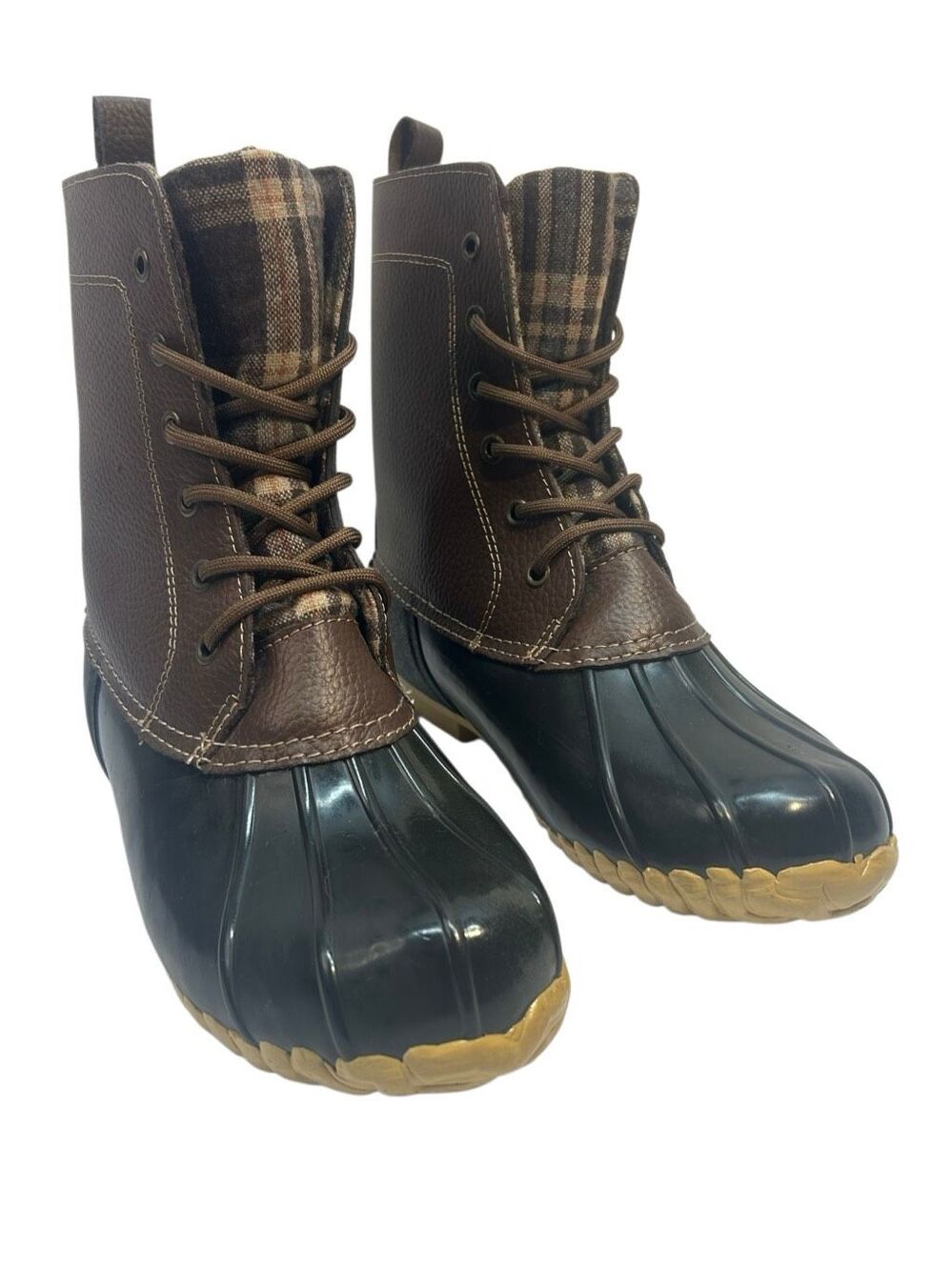 Sporto Jessica Women's Size 9M Duck Boots Brown Plaid Lined Rain Winter Lace Up